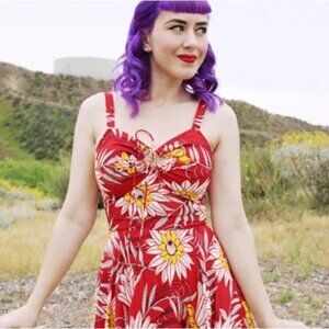 RARE DESIGNER VINTAGE L’amour Water Lillies Trashy Diva Red Floral Dress NEW 14